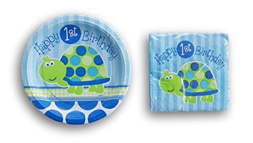 Unq Happy First Birthday Boy Turtle Pattern - Cake Plates and Beverage Napkins