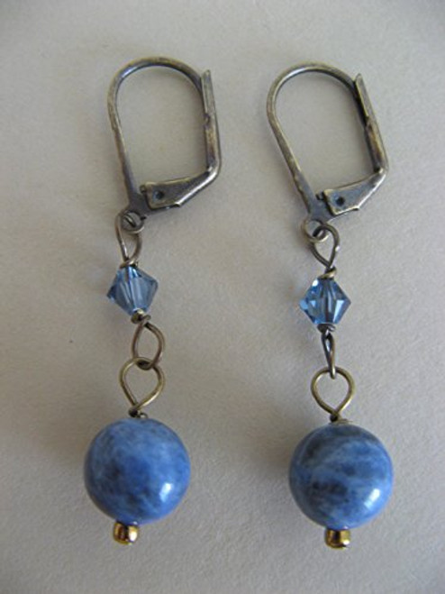 Blue Sodalite Gemstone Bonze Leverback Earrings with Blue Swarovski Crystals Boho Artisan Blue Sodalite Gemstone Bonze Leverback Earrings with Blue Swarovski Crystals Boho Artisan