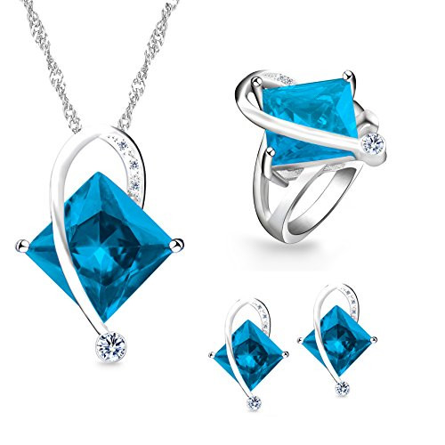 Uloveido Unique White Gold Plated Large Square Simulated Aquanmarine Necklace Pierced Earrings Bypass Rings with Clear Cubic Zirconia for Women Blue Size 6 T295
