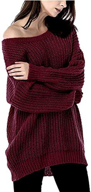 ARJOSA Womens Casual Loose Knit Crew Neck Oversized Pullover Sweater Jumper Tops Wine Red