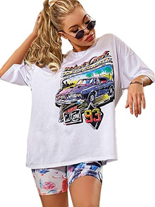 SOLY HUX Womens Car  Letter Graphic Print Half Sleeve Tee Loose TShirt Top White M