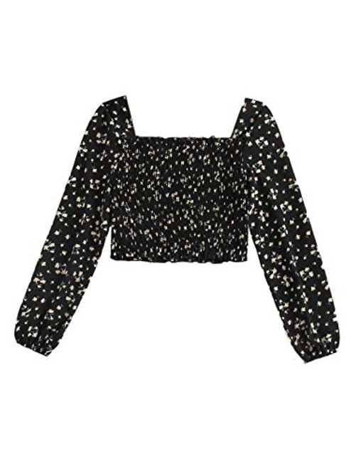 SOLY HUX Womens Ditsy Floral Print Square Neck Long Sleeve Smocked Crop Top Blouse Black S SOLY HUX Womens Ditsy Floral Print Square Neck Long Sleeve Smocked Crop Top Blouse Black S