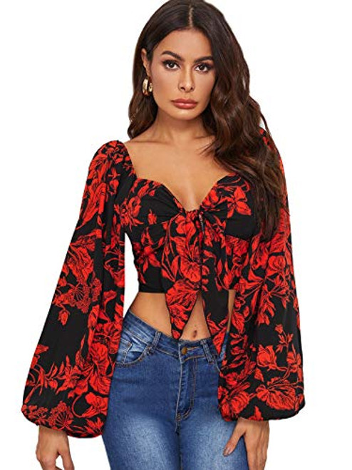 SOLY HUX Womens Floral Print Tie Front Long Bishop Sleeve Crop Top Blouse Multicoloured M SOLY HUX Womens Floral Print Tie Front Long Bishop Sleeve Crop Top Blouse Multicoloured M