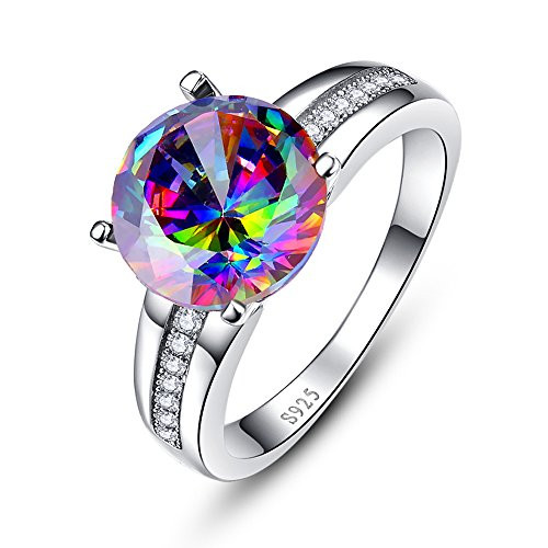 BONLAVIE 925 Sterling Silver for Her Promise Ring Solitaire Engagement Ring with 10x10mm Round Created Mystic Rainbow Topaz 9