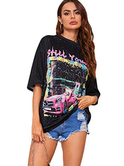SOLY HUX Womens Letter  Car Graphic Print Tee Half Sleeve Loose TShirt Top Black M
