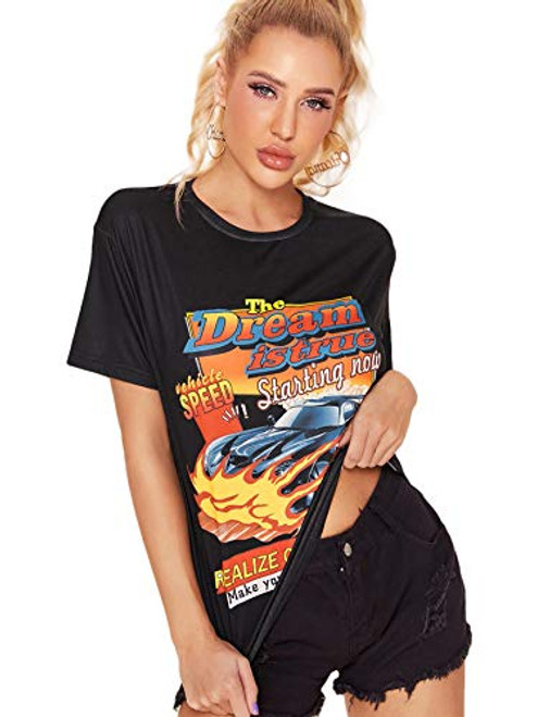 SOLY HUX Womens Graphic Car TShirt Letter Print Casual Short Sleeve Tee Top Black M