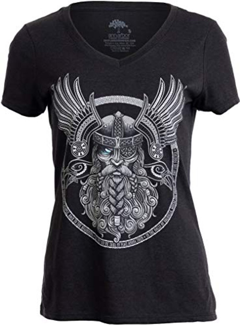 Odin  Norse Mythology God Valkyrie Valhalla Viking Raven Thor Women Top TShirtVneckL Vintage Black
