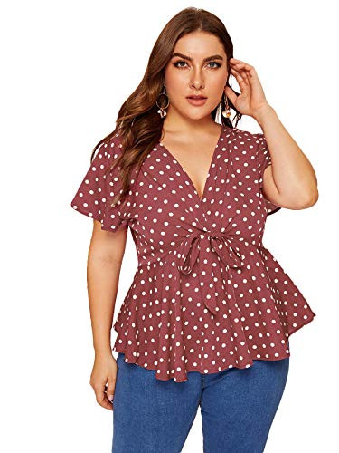 Romwe Womens Plus Size Polka Dots Knot Front Deep V Neck Short Sleeve Blouse Tops Pink 2X Plus