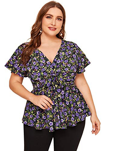 Romwe Womens Plus Size Floral Short Sleeve Tie Knot Front Babydoll Ruffle Peplum Blouse AMulticolor 3X Plus