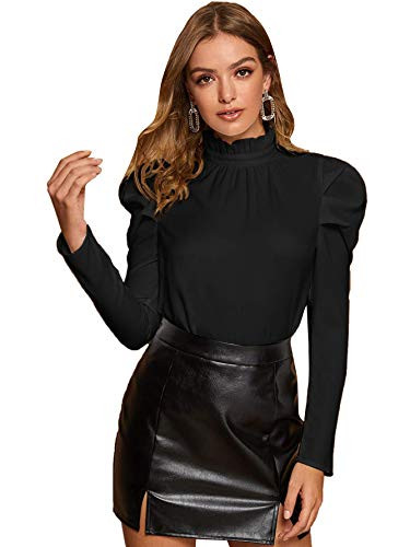 Romwe Womens Elegant Puff Long Sleeve Frill Mock Neck Solid Blouse Tops Shirt Black#A Large