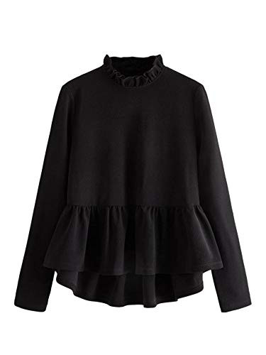 Romwe Womens Long Sleeve Frill Mock Neck Ruffle Hem Peplum Blouse Tops Shirt Black Large