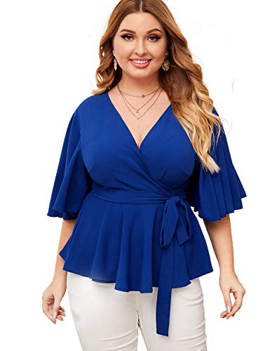 Romwe Womens Plus Size Short Sleeve Wrap V Neck Belted Ruffle Peplum Tops Blouse Blue 3X Plus