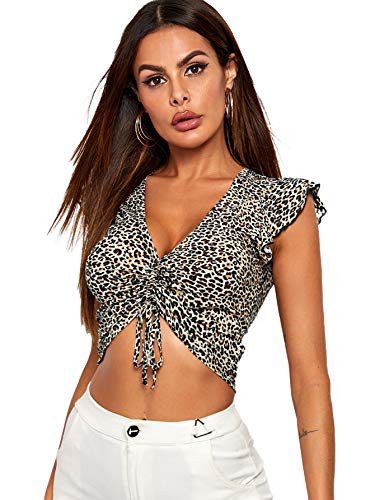 SheIn Womens V Neck Ruffle Cap Sleeve Blouse Leopard Print Drawstring Crop Top Multicoloured XSmall