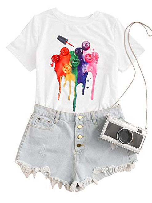 Romwe Womens Summer Casual Graphic Print Short Sleeve Cotton Tee Tops TShirt White Medium