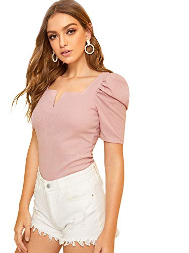 Romwe Womens Puff Short Sleeve Square Neck Rib Knit Blouse Tops Pink Large