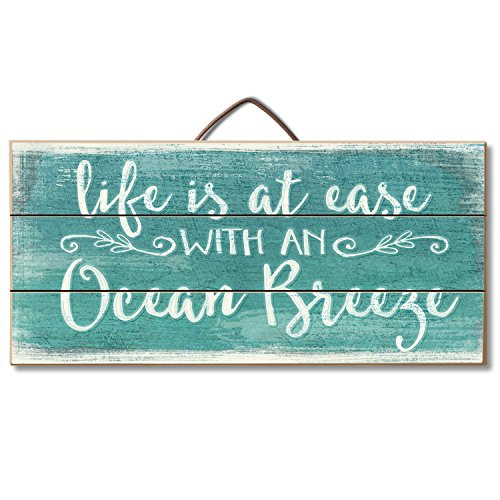 Highland Graphics Tropical Decor Wood Sign Reads "Life is at Ease with an Ocean Breeze" Table or Wall Decor