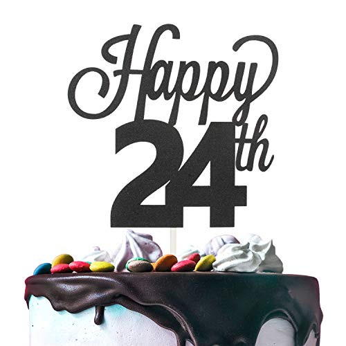 24th Happy Birthday Cake Topper Premium Double Sided Black Glitter Cardstock Paper Party Decoration - 6'' x 8'' Twenty-fourth 24 Years Old Bday Wedding Anniversary Topper.
