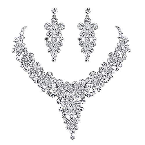 BriLove Wedding Bridal Necklace Earrings Jewelry Set Crystal Multi Hibiscus Flower Enamel Statement Necklace Dangle Earrings Set Clear SilverTone BriLove Wedding Bridal Necklace Earrings Jewelry Set Crystal Multi Hibiscus Flower Enamel Statement Necklace Dangle Earrings Set Clear SilverTone