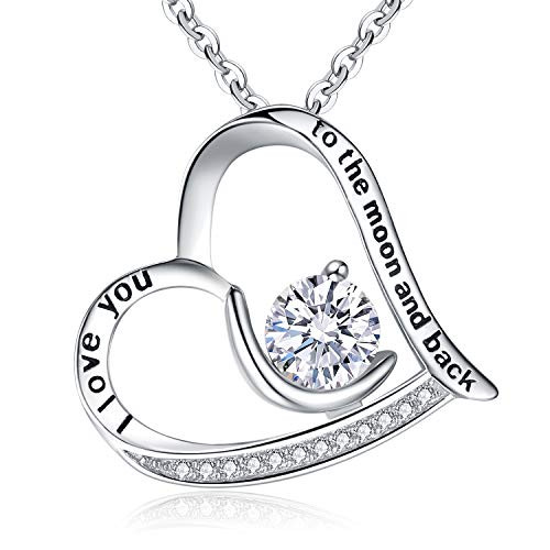 BriLove 925 Sterling Silver Heart Necklace for WomenI Love You to the Moon and Back Engraved CZ Love Heart Moon Pendant Necklace Clear April Birthstone