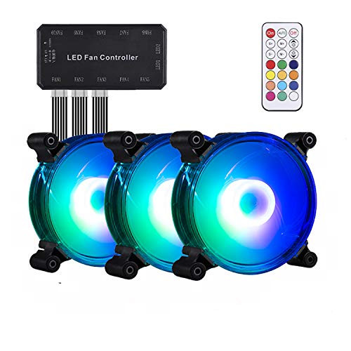 120mm RGB PC Computer Fan 12V Quiet Transparent Gaming PC Computer CPU Case Fan with Adjustable Color Controlled by Remote 3Pack