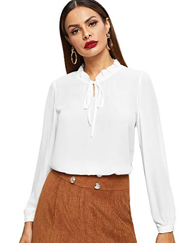 Romwe Womens Bow Tie Neck Long Sleeve Casual Office Work Chiffon Blouse Shirts Tops White XL