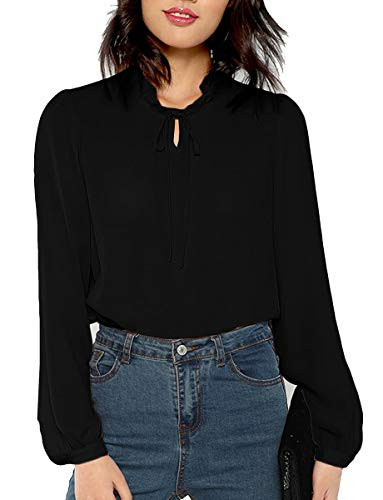 Romwe Womens Bow Tie Neck Long Sleeve Casual Office Work Chiffon Blouse Shirts Tops Black M