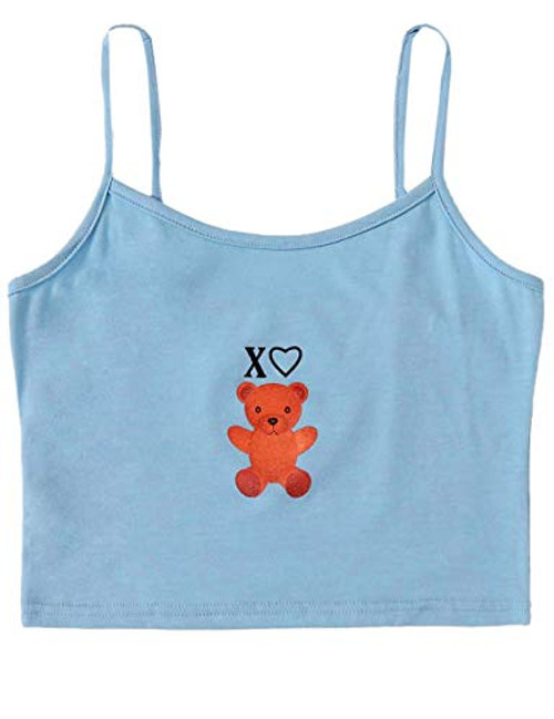 Romwe Womens Casual Bear Print Sleeveless Camisole Spaghetti Strap Cami Top Crop Tank Top Blue M