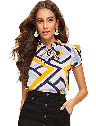 Romwe Womens Print Casual Short Sleeve Bow Tie Blouse Top Shirts Multicolor S
