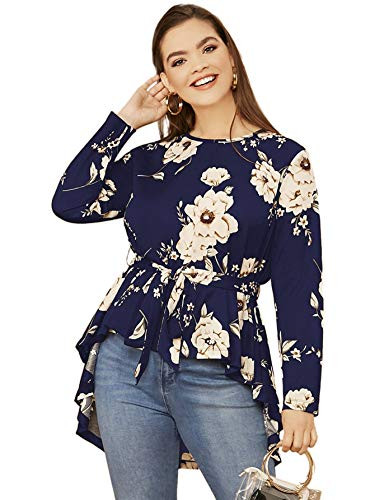 Romwe Womens Plus Size Floral Print Long Sleeve Belted High Low Ruffle Peplum Blouse Sweatshirt Top Navy#6 1X Plus
