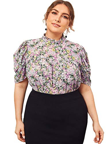 Romwe Womens Plus Size Elegant Floral Print Ruffle Puff Short Sleeve Casual Blouse Tops Multicolor 3X