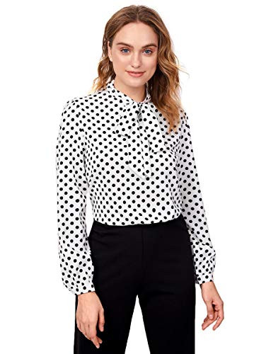 Romwe Womens Bow Tie Neck Long Sleeve Casual Office Work Chiffon Blouse Shirts Tops White XXL