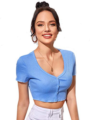 Romwe Womens Rib Knit Short Sleeve Button Front V Neck Summer Crop Tops Shirts Blue M