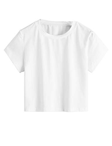 Romwe Womens Tee Shirt Round Neck Basic Crop Tops Summer Short Sleeve TShirt White M