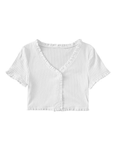 Romwe Womens Casual Rib Knit Button Down V Neck Short Sleeve Crop Tops Tee Shirts White S