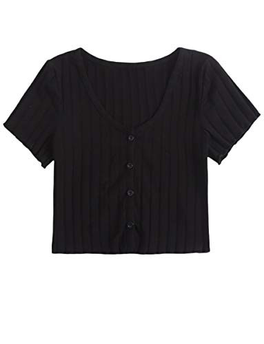 Romwe Womens Casual Rib Knit Button Down V Neck Short Sleeve Crop Tee Shirts Black L