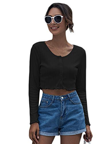 Romwe Womens Casual Long Sleeve Button Front Scoop Neck Plain Crop Tops T Shirt Black XL