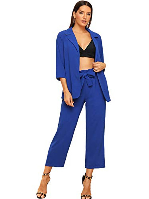 SheIn Womens 2 Piece Outfit Notched Neck 34 Sleeve Blazer and Wide Leg Belted Pants Set Large Blue