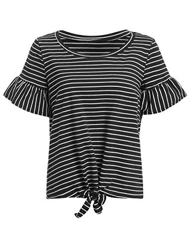 Romwe Womens Striped Short Sleeve Tie Front Knot Casual Loose Fit Tee TShirt Black XXL