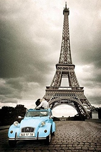 Paris Romance in Blue Car and Eiffel Tower 36x24 Photograph Art Print Poster