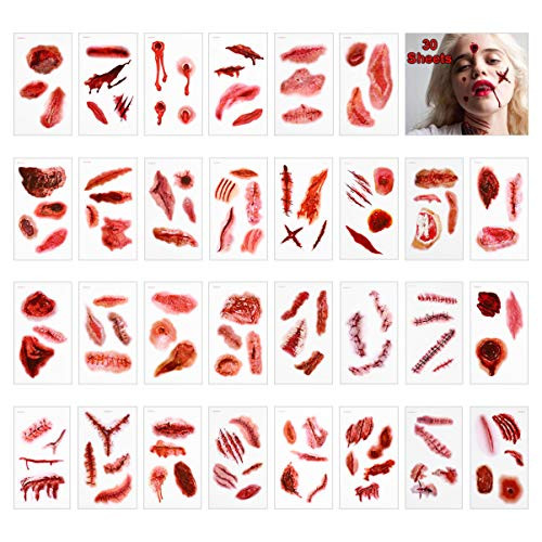 FRCOLOR 30 Sheets Scar Tattoos Temporary Halloween Makeup Tattoos Body Face Scar Realistic Temporary Zombie Tattoos Fake Bloody Wound for Halloween Cosplay Party Masquerade Costume Makeup Props