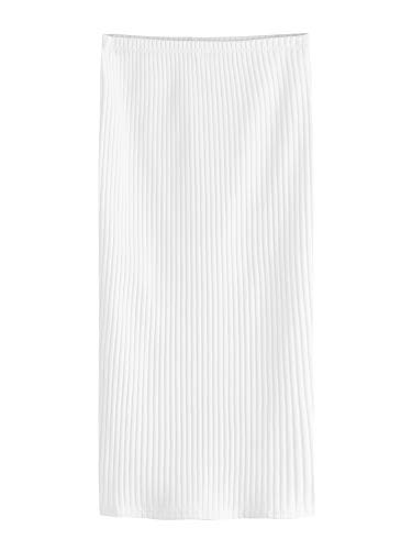 SheIn Womens Basic Plain Stretchy Ribbed Knit Split Full Length Skirt Off White Small