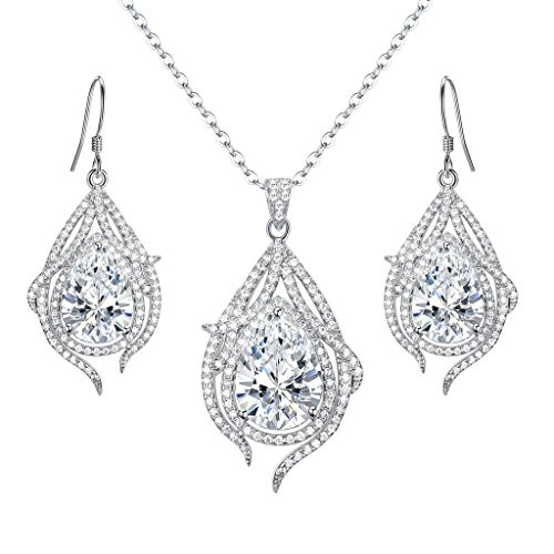 EleQueen 925 Sterling Silver Cubic Zirconia Teardrop of Angel Bridal Pendants Necklace Hook Earrings Sets Clear