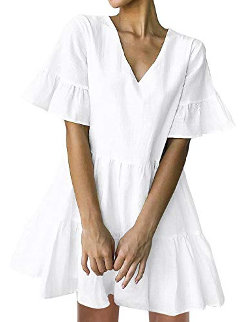 FANCYINN Womens White Cute Shift Dress Short Bell Sleeve Ruffle Hem V Neck Loose Swing Tunic Mini Dress with Pockets XL FANCYINN Womens White Cute Shift Dress Short Bell Sleeve Ruffle Hem V Neck Loose Swing Tunic Mini Dress with Pockets XL