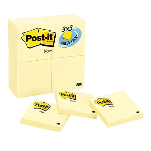 Post-its Notes, America's #1 Favorite Sticky Note, Value Pack, 3" x 3", Canary Yellow, 24 Pads (654-24VAD)