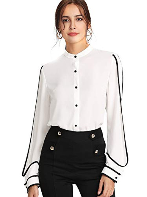 Milumia Womens Elegant Button Workwear Shirt Stand Collar Long Sleeve Blouse White Large