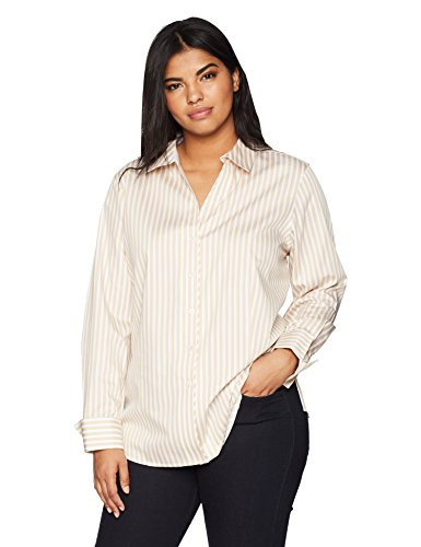 Foxcroft Womens PlusSize Lauren Sateen Stripe Non Iron Shirt Sand 14W