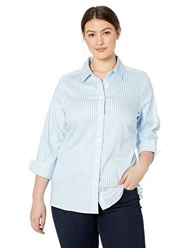 Foxcroft Womens Plus Size Britten Non Iron Stripe Soft Blue 14W