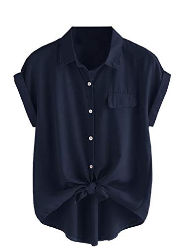 Romwe Womens Plus Size Casual Short Sleeve Button Down Tie Knot Front Tshirts Loose Tops Navy 2X