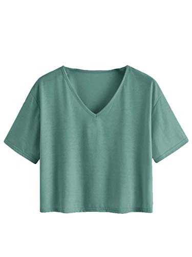 Romwe Womens Plus Size Casual Summer Short Sleeve V Neck Crop Tee Shirts Tops Green 2 Plus