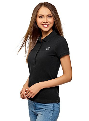oodji Ultra Womens Pique Polo Shirt with Rhinestone Applique Black US 8  EU 42  L